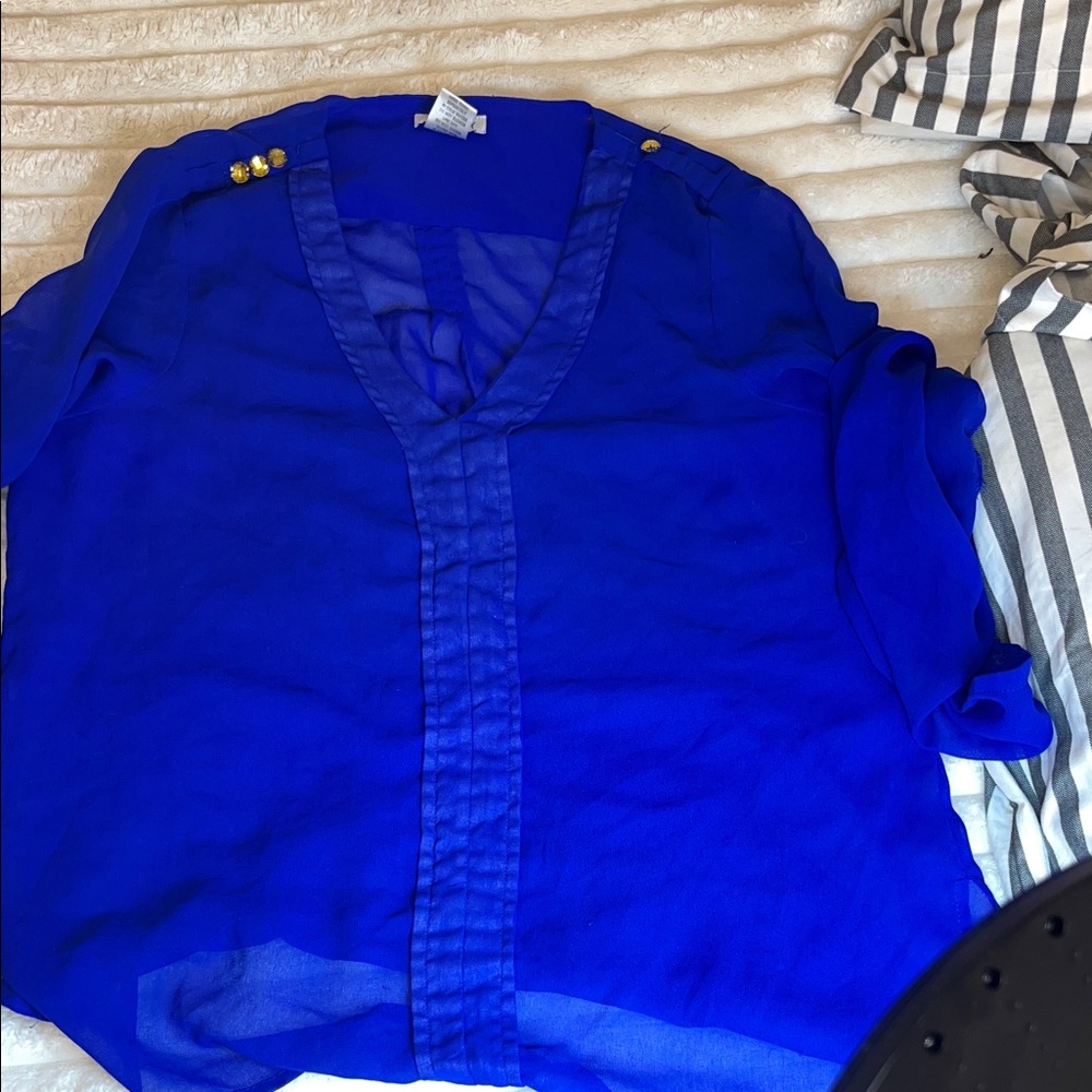 Vibrant Blue Sheer Blouse with Gold Accents